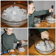 four pictures show the process of making ice cubes in a bowl with tongs