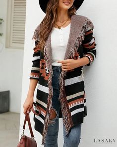 Lasaky - Contemporary Aztec Geometric Patterned Hooded Cardigan with Tassel Design Double Layer Dress, Woolen Dresses, Suspenders For Women, Fringe Cardigan, Jacquard Sweater, Estilo Chic, Weave Style, Hooded Cardigan, Black Long Sleeve Dress