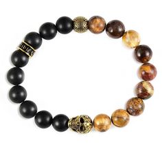 Single Gold Skull Stretch Bracelet with 10mm Matte Black Onyx and Picasso Jasper Beads - 210mm end to end length Black Bohemian Bracelet With Polished Beads, Bohemian Black Bracelets With Polished Beads, Bohemian Black Bracelet With Polished Beads, Bohemian Black Stretch Bracelet With 8mm Beads, Onyx Beaded Bracelets With 8mm Beads, Premium Outlets, Gold Skull, Picasso Jasper, Jasper Beads