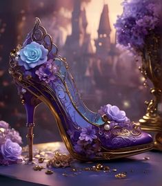 A decorative high-heeled shoe with intricate details and floral embellishments is displayed in a fantasy setting. It is adorned with a large blue rose, small purple flowers, pearls, and gold chains, with an enchanted castle blurred in the background. Steampunk Stiletto art print by Glenda Stevens.   Our art prints are produced on acid-free papers using archival inks to guarantee that they last a lifetime without fading or loss of color. All art prints include a 1" white border around the image to allow for future framing and matting, if desired. Ships within 3-5 business days Madam Pompadour, Elegant Steampunk, Fancy High Heels, Floral High Heels, Purple High Heels, Blue Stilettos, Modern Metal Wall Art, Fav Products, Blue High Heels