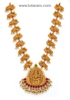 22 Karat Gold 'Lakshmi - Peacock' Necklace with Beads & Pearls (Temple Jewellery)
  Necklace Length with Pendant : 15.00 inches - 235-GN4210 - in 43.450 Grams for USD $3099.99. 
Made in India by Totaram Jewelers Online this product is in Gold - 22 Karat BIS Hallmark 916 KDM Gold  & is an excellent gift for Adult - Women. Ships fully insured with secured guaranteed delivery for free with your order over $250 from New Jersey USA & comes with 30 days exchange policy. Temple Jewellery Necklace, 22k Gold Necklace, Necklace With Beads, Temple Jewelry Necklace, Gold Temple Jewellery, Peacock Necklace, 22k Gold Jewelry, Jewellery Necklace, Gold Jewelry Indian