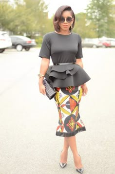 Peplum Top & Ankara Skirt                                                                                                                                                                                 More Ankara Long Pencil Skirt, Skirt With Peplum Top, African Women Dresses, Style Africain, Long Pencil Skirt, Ghanaian Fashion, Afrikaanse Mode, Peplum Tops, African Fashion Modern