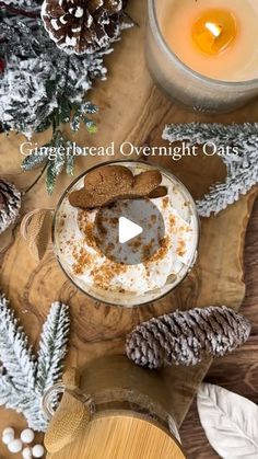 gingerbread overnight cat treats in a glass bowl on a wooden table with pine cones and candles