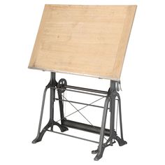 a wooden and metal easel sitting on top of a white background