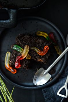 a plate that has some cake on it with worms in the dirt next to it