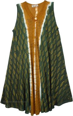 Long Beach Cover up with an Exotic Nature Print This is a stylish long dress with an exotic and fun fall flare. Its background colors are composed of green and gold, while its leafy and nature prints summon images of autumn festivals and harvest. It has a beautiful neck line, perfectly symmetric design, and flowy hemline. Its free flowing construction means it can work as a great cover up at the beach and pool, or as an easy fashion statement when you need something elegant and stylish in a hurr Flowy Green Maxi Dress For Fall, Green Flowy Maxi Dress For Fall, Green Sleeveless Dress For Fall, Festive Green Flowy Dress, Flowy Green Dresses For Fall, Bohemian Sleeveless Maxi Dress For Fall, Green Bohemian Maxi Dress For Fall, Green Batik Print Summer Maxi Dress, Green Batik Print Maxi Dress For Summer