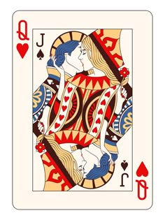 the queen of hearts playing card is shown in red, white and blue colors with two women facing each other