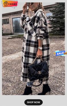 New Fashion Plaid Long Woolen Coat Plaid Texture, Hooded Denim Jacket, Long Sleeve Coat, Trendy Fashion Outfits, Long Sleeves Coats, Loose Outfit, Woolen Coat, Printed Sleeves, Plaid Print