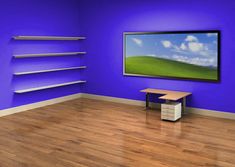 an empty room with purple walls and wooden flooring has a painting on the wall