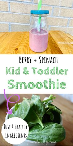 a bowl filled with spinach next to a cup full of smoothie