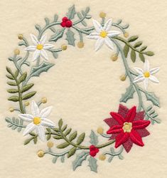 an embroidered wreath with flowers and leaves is shown in red, white and green colors