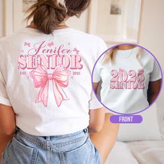 Coquette Senior Graduation T-Shirt, Retro Coquette Pink Bow Graduation Shirt, Custom Senior 2025 Shirt, Class of 2025 Shirt,High School Gift The Standard T-Shirt, personalized to suit your individual style, serves as the perfect medium for self-expression. Made from 100% preshrunk cotton, this timeless short-sleeve tee not only ensures comfort but also offers ample opportunities for print-on-demand customization. Whether you seek to showcase your creativity, promote your brand, or commemorate a Senior Sister Shirts, Pink Crew Neck T-shirt With Print, Senior Clothes, Retro Coquette, Senior Year Fun, Senior Ideas, Funny T Shirt Sayings, Class Of 2025, School Spirit Shirts