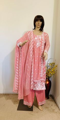 Product code-201 kurti - pink chiffon goergette with butterfly silk lining and heavy embroidery work. salwar- Pink butterfly silk orna-Pink chiffon goergette work- Heavy embroidery  size -42"44"46" hip-48" length/44" beautiful summer collection! Papillon Rose, Pink Chiffon, Heavy Embroidery, Pink Butterfly, Embroidery Work, Beautiful Summer, Salwar Kameez, Summer Collection, Blazer Suit