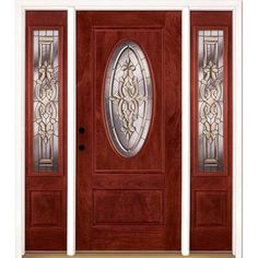 a wooden door with two sidelights and glass panels