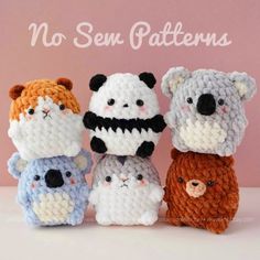 four small crocheted animals sitting next to each other on a pink background with the words, no sew patterns