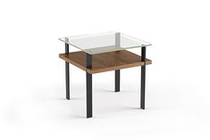 a table with a glass top and metal legs