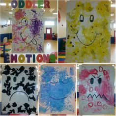 four pictures of children's artwork in different colors and sizes, with the words toddler emotions written on them