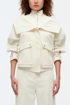 Double Collar Utility Jacket – 3.1 Phillip Lim High Neck Jacket, Cotton Twill Jacket, Knit Swimwear, Utilitarian Style, Double Collar, Twill Jacket, Jean Accessories, Cropped Jacket, Casual Sets