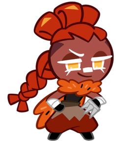 a cartoon character with red hair and an orange scarf on her head, holding a cell phone