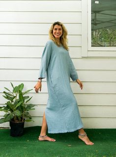 "* Bohemian Style Dress  * One Size Fits Most (US Women's S-XL) * Organic Double Gauzed Cotton * 2 Side Pockets * Bust up to 50\" * Length 48\" * Coconut Button Back Closure * Suitable for any occasion * Great gift for yourself or your loved ones ----------------------------------------------------------- ** Available in 4 Colors : Blue, Natural, Lavender, Fuchsia**" Casual Long Sleeve Dresses With Natural Dye, Linen Maxi Dresses For Loungewear, Flowy Linen Dress For Loungewear, Blue Linen Bohemian Maxi Dress, Blue Bohemian Linen Maxi Dress, Breezy Relaxed Fit Dress For Loungewear, Spring Cotton Maxi Dress With Natural Dye, Bohemian Linen Maxi Dress With Long Sleeves, Cotton Lagenlook Maxi Dress With Relaxed Fit