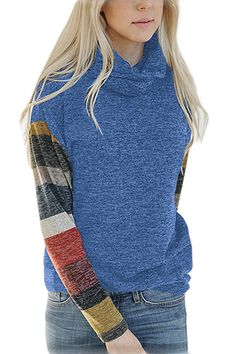 Color Blocked Long Sleeve Blue Cowl Neck Sweatshirt Blue Patchwork Crew Neck Top, Winter Long Sleeve Tops With Contrast Color, Casual Striped Sleeve Tops For Fall, Hooded Color Block Cotton Top, Casual Light Blue Patchwork Tops, Blue Long Sleeve Tops With Contrast Color, Casual Blue Color Block Sweater, Blue Patchwork Casual Sweater, Blue Color Block Long Sleeve Sweatshirt