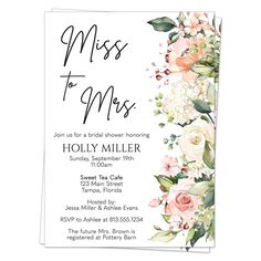 the miss to mrs bridal shower is shown in pink and white flowers with greenery