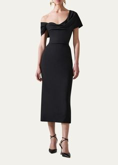 Carolina Herrera Draped Off-The-Shoulder Midi Dress - Bergdorf Goodman Wedding Rehearsal Outfit, Lady Lawyer, Carolina Herrera Dresses, Cocktail Jacket, Draped Neckline, Elements Of Style, Midi Cocktail Dress, Wedding Rehearsal, Lingerie Romper