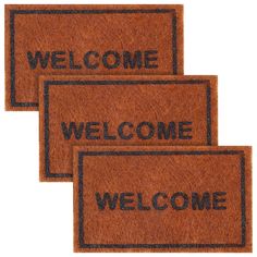 three door mats with the words welcome, welcome and welcome written in black on them