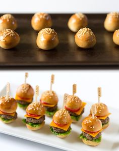 mini hamburger sliders on a plate with toothpicks in them