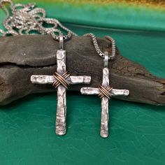 "This Rustic Sterling Silver Cross is completely Hand Crafted by Me in my Studio using Natural Tree Bark! The Cross Pendant is available in a Large (approx. 1 1/2\" x 1 1/16\") or Small size (approx. 1 1/4\" x 7/8\") and hangs on an Oxidized Sterling Silver Box Chain. The bail adds 1/4\" to the length. The chain comes in a length of 18\", 20\", 24\", or 30\". You may also order the Pendant alone without a chain. (Prices vary) A wire wrap is added to the center in your choice of Copper, Sterling Wire Wrapped Crucifix Necklace For Gift, Hand Cast Cross Necklace For Gifts, Hand Cast Cross Necklaces As Gifts, Hand Cast Cross Necklaces For Gifts, Hand Cast Cross Necklace For A Gift, Spiritual Wire Wrapped Cross Pendant Necklace, Wire Wrapped Cross Necklace Gift, Artisan Crucifix Necklace For Gift, Wire Wrapped Cross Necklace For Gift