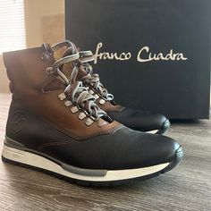 Cuadra Sneakers Franco Cuadra By Cuadra Genuine Bovine/Calf Leather New In Box Laces Sporty Leather Lace-up Boots, Leather Lace-up Sneakers With Leather Trim, Casual Boots In Calf Leather, Casual Calf Leather Boots With Leather Lining, Brown High-top Leather Shoes For Business, Brown Lace-up Leather Shoes For Outdoor, Casual Calf Leather Boots With Contrast Sole, Brown Leather Walking Sneakers, Casual Leather Shoes With Abzorb Midsole For Business