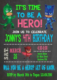 this is an image of a birthday party with the name pj's time to be a hero