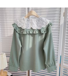 Style: commuting Size: one size Color: apricot, black, green, white Chiffon Long Sleeve, Peter Pan Collar, Peter Pan, Black Green, Apricot, Button Up Shirts, Bell Sleeve Top, Chiffon, Long Sleeve Blouse