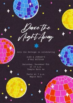 an image of a party flyer with disco balls