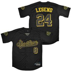 Combine your love of sports, streetwear and nostalgia by copping the Showtime Legend #24 Baseball Jersey. This bold jersey features contrast panelling all throughout and embroidered team logos on the sleeves and front and centre. Don't sleep on this iconic baseball jersey, available now at Jersey Nation while stock lasts! - Showtime Legend #24 Baseball Jersey- Fully embroidered graphics: Team, Name, Number detailing, logo- 100% Recycled Polyester- Premium tackle twill stitching- Anti peeling, sh Cheap Varsity Baseball Jersey For Streetwear, Cheap Varsity Baseball Jersey For Sports, Cheap Customizable Baseball Jersey, Cheap Baseball Jersey With Team Name, Cheap Cotton Baseball Jersey, Cheap Breathable Baseball Jersey, Cheap Black Short Sleeve Baseball Jersey, Cheap School Spirit Baseball Jersey With Short Sleeves, Affordable Short Sleeve Varsity Baseball Jersey