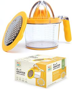 a yellow grater next to a box and orange juicer on a white background