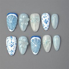 Debs Nails, White Flower Nail Art, Coquette Spring, Coquette Nails, Blue Fruit, Cute Simple Nails, Acrylic Design, Short Almond