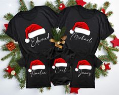 Custom Christmas Family Shirts, Matching Family Christmas Shirts, Merry Christmas Family T-Shirt, Personalized Name Christmas Family Shirt HOW TO ORDER 1️) Please review all the information provided below before placing an order. 2️) Select the shirt type and size. 3️) Select the color of the shirt using the following options. 4) Select your design (Personalization Box) if applicable. 5) Need more items? Add your current item to your cart and if you like to add more items to your order please cl Merry Christmas Tshirt Design, Christmas Tshirts For Family, Family Matching Christmas T-shirt, Black Family Christmas Pictures, Matching Family Christmas Shirts, Merry Christmas Family, Christmas Family Shirt, Xmas Tees, Name Christmas