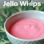 a bowl filled with pink jello sitting on top of a green leafy table