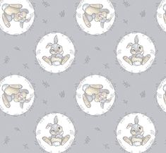 an image of a rabbit pattern on a gray background with leaves and flowers around it