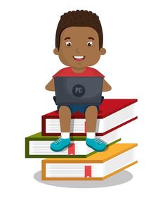 a boy sitting on top of books using a laptop