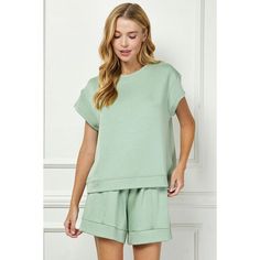 Women's Sage Lounge Top Casual Solid Sleepwear For Spring, Comfy Sleepwear For Spring, Comfy Solid Color Spring Tops, Comfy Spring Tops, Comfortable Green Tops For Relaxation, Comfortable Green Tops, Casual Green Tops For Relaxation, Comfortable Stretch Tops For Leisure, Comfy Tops For Spring Relaxation