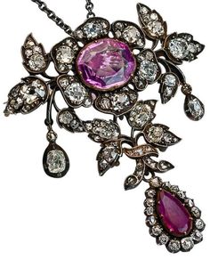 19th Century Pink Sapphire Ruby Diamond Pendant/Brooch. Of floral design, set with pink sapphire, ruby, old cushion- and old rose-cut diamonds, mounted in silver and gold, with French import marks. Style Pinterest, Bijoux Art Nouveau, Evil Eye Necklace Gold, Pink Jewels, Antique Engagement Ring, Pink Topaz, Antique Pink