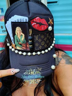 Lady Luck Trucker Hat – Julee Rae's Boutique 59fifty Hats Custom New Era Cap, Bandana Under Hat, Red Yankees Hat Outfit, Locs And Hats, Diy Trucker Hat Ideas, Trucker Hat Ideas, Trucker Hat Designs