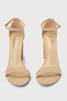 No one does it quite like the Lulus Taylor Natural Suede Ankle Strap Heels! Whether you choose to dress them up or down, these light nude, faux suede, single-sole heels will stun with their slender toe strap, and adjustable ankle strap (with gold buckle). 4" wrapped block heel. Cushioned insole. Nonskid rubber sole. Man made materials. Imported. Lulus | Taylor Natural Suede Ankle Strap Heels. Beige Suede Heels With Padded Heel, Beige Suede Heels With Open Heel, Beige Suede Open Heel Heels, Beige Suede Block Heel Heels, Beige Suede Block Heels, Beige Suede Block Heel, Single Sole Heels, Size 11 Heels, Ankle Strap Heels