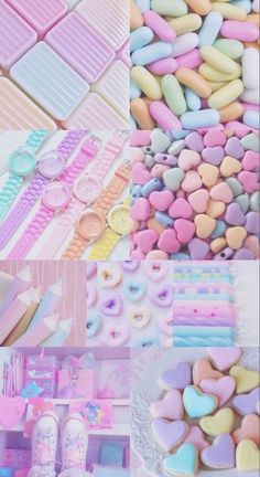 there are many different types of candies in this collage, including hearts and candy