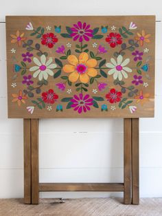 Wooden TV Tray Table - Mustard Folk Flower-view 1 Upcycling, Gold Painted Coffee Table, Wooden Block Centerpieces, Fun Painted Table, Wood Desk Upcycle, Painting Wooden Table, Vintage Table Painting Ideas, Coffee Table Stencil Ideas, Painting Tv Trays