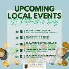 an event poster for st patrick's day with coins and shamrocks around it