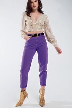 Introducing our Purple Straight Leg Jeans with Hem Detail, a trendy and stylish addition to your spring wardrobe, offering a perfect pop of color that pairs beautifully with a white top. These fashionable purple jeans feature a classic straight leg design with a chic hem detail, making them an ideal choice for the spring season. Crafted from a blend of 98% Cotton and 2% Elastane, they provide both comfort and stretch, ensuring you feel confident and on-trend. Our model confidently showcases size Purple Tapered Leg Bottoms For Spring, Trendy Purple Straight Pants, Purple Straight Pants For Fall, Mid-rise Purple Cotton Pants, Purple Straight Leg Bottoms For Fall, Chic Purple Straight Leg Pants, Purple Mid-rise Cotton Jeans, Purple Straight Leg Pants For Fall, Trendy Straight Fit Jeans For Spring