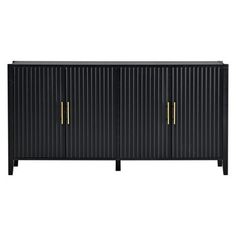 a black cabinet with two doors and gold handles